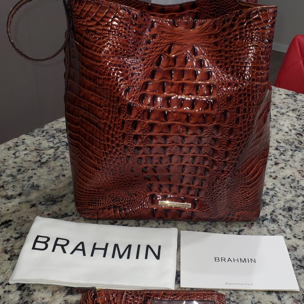 Brahmin Embossed Leather Tote in Rich Brown